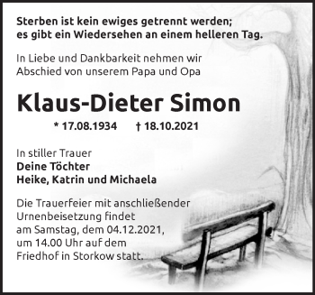 Traueranzeige von Klaus-Dieter Simon von Märkische Oderzeitung