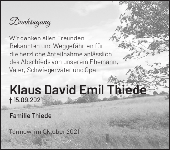 Traueranzeige von Klaus David Emil Thiede von Märkische Oderzeitung