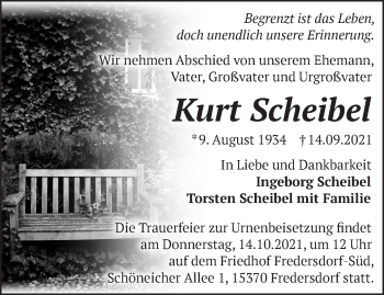 Traueranzeige von Kurt Scheibel von Märkische Oderzeitung