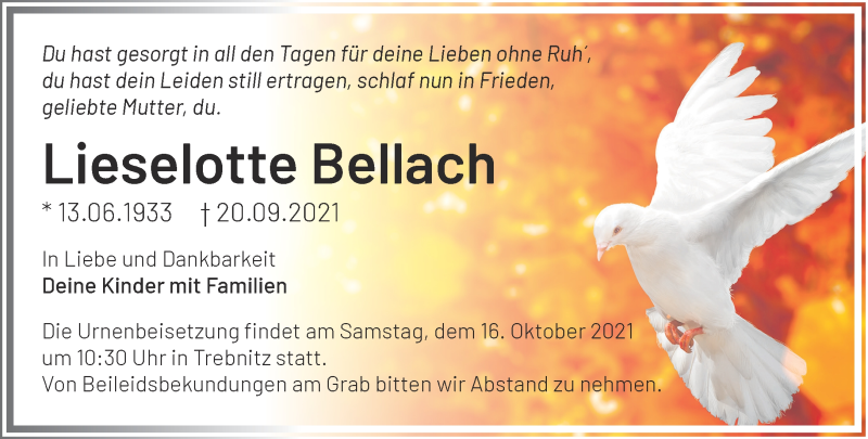  Traueranzeige für Lieselotte Bellach vom 02.10.2021 aus Märkische Oderzeitung