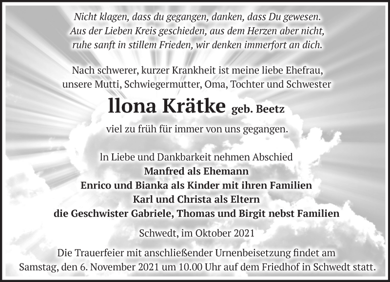 Traueranzeige für llona Krätke vom 23.10.2021 aus Märkische Oderzeitung