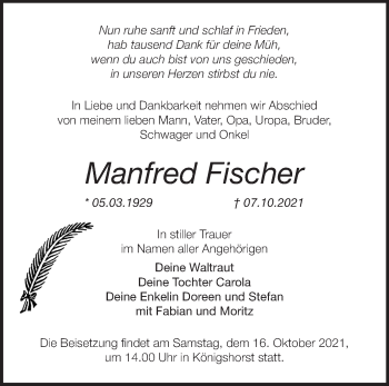 Traueranzeige von Manfred Fischer von Märkische Oderzeitung