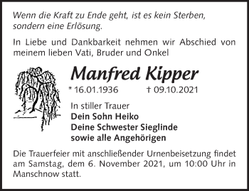 Traueranzeige von Manfred Kipper von Märkische Oderzeitung