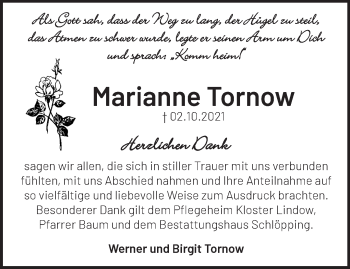 Traueranzeige von Marianne Tornow von Märkische Oderzeitung