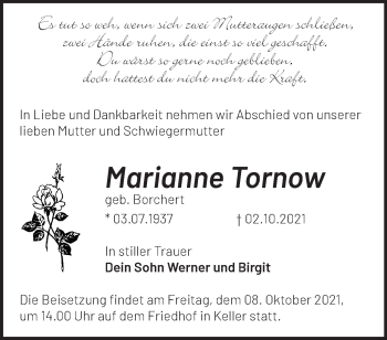 Traueranzeige von Marianne Tornow von Märkische Oderzeitung