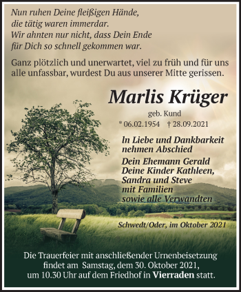 Traueranzeige von Marlis Krüger von Märkische Oderzeitung