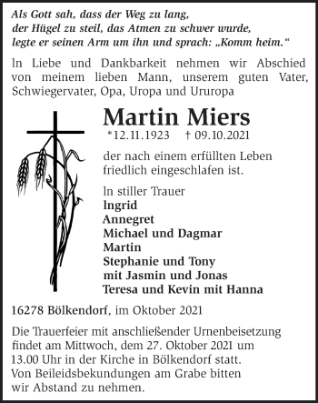 Traueranzeige von MartinMartin Miers von Märkische Oderzeitung