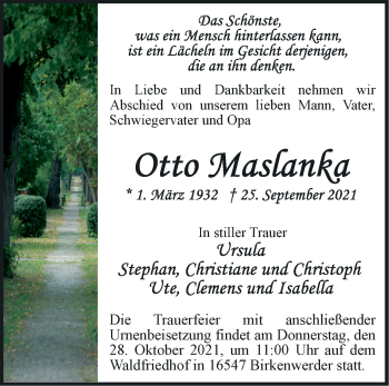 Traueranzeige von Otto Maslanka von Märkische Oderzeitung