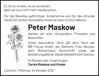 Traueranzeige von Peter Maskow von Märkische Oderzeitung