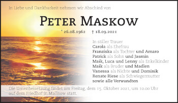 Traueranzeige von Peter Maskow von Märkische Oderzeitung