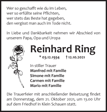 Traueranzeige von Reinhard Ring von Märkische Oderzeitung