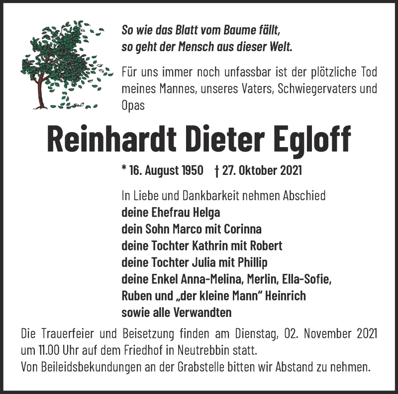  Traueranzeige für Reinhardt Dieter Egloff vom 30.10.2021 aus Märkische Oderzeitung