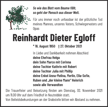 Traueranzeige von Reinhardt Dieter Egloff von Märkische Oderzeitung