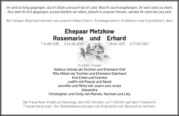 Traueranzeige von Rosemarie und Erhard Metzkow von Märkische Oderzeitung