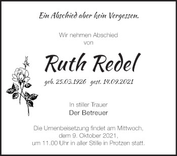 Traueranzeige von Ruth Redel von Märkische Oderzeitung