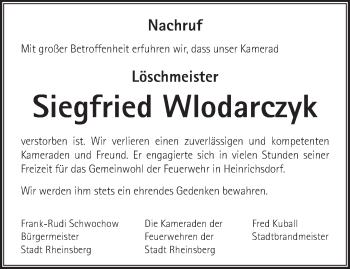 Traueranzeige von Siegfried Wlodarczyk von Märkische Oderzeitung