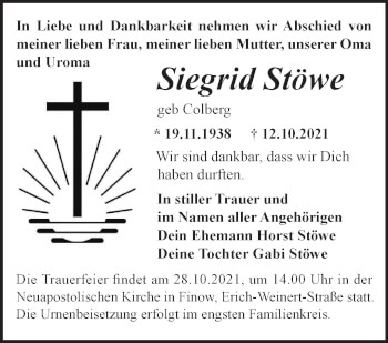 Traueranzeige von Siegrid Stöwe von Märkische Oderzeitung