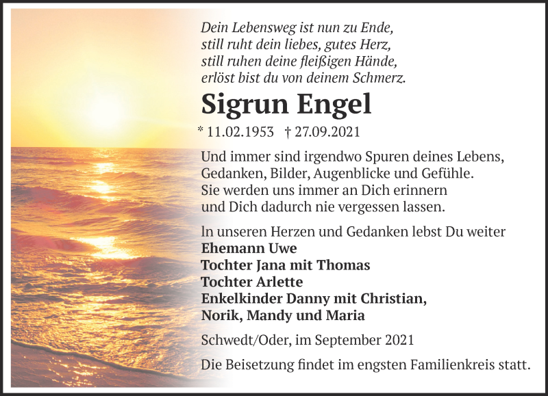  Traueranzeige für Sigrun Engel vom 02.10.2021 aus Märkische Oderzeitung