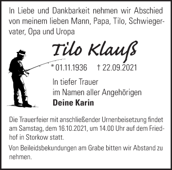 Traueranzeige von Tilo Klauß von Märkische Oderzeitung