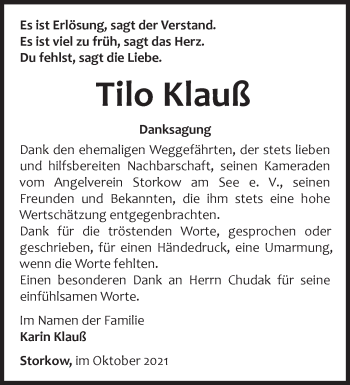 Traueranzeige von Tilo Klauß von Märkische Oderzeitung