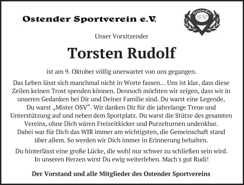  Traueranzeige für Torsten Rudolf vom 16.10.2021 aus Märkische Oderzeitung