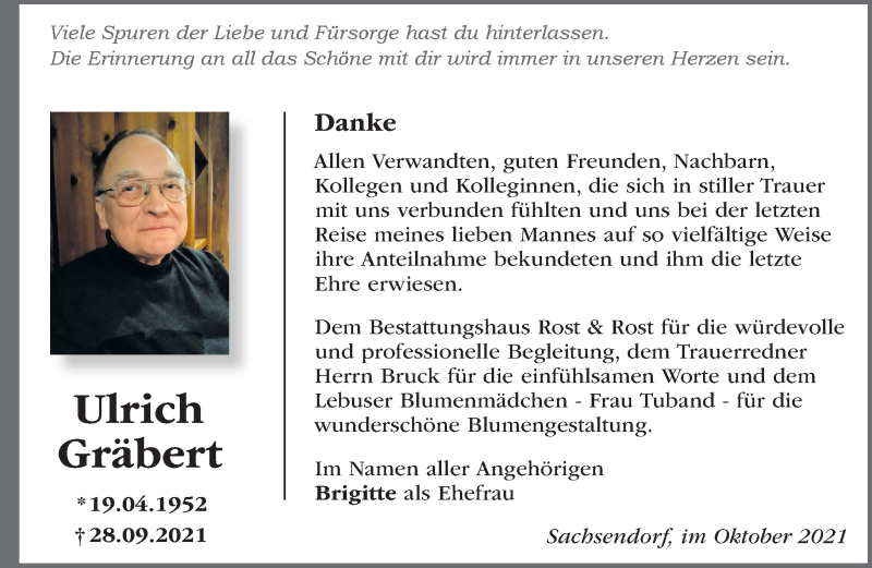  Traueranzeige für Ulrich Gräbert vom 30.10.2021 aus Märkische Oderzeitung