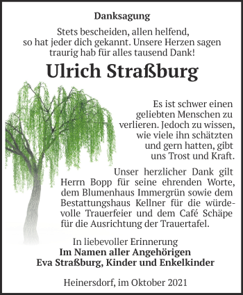 Traueranzeige von Ulrich Straßburg von Märkische Oderzeitung