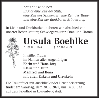 Traueranzeige von Ursula Boehlke von Märkische Oderzeitung