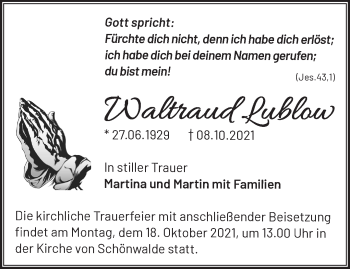 Traueranzeige von Waltraud Lublow von Märkische Oderzeitung