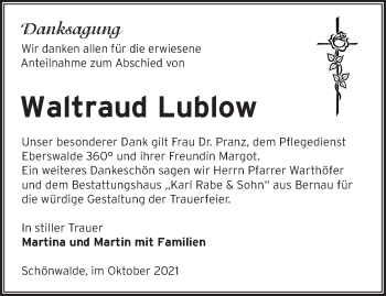 Traueranzeige von Waltraud Lublow von Märkische Oderzeitung