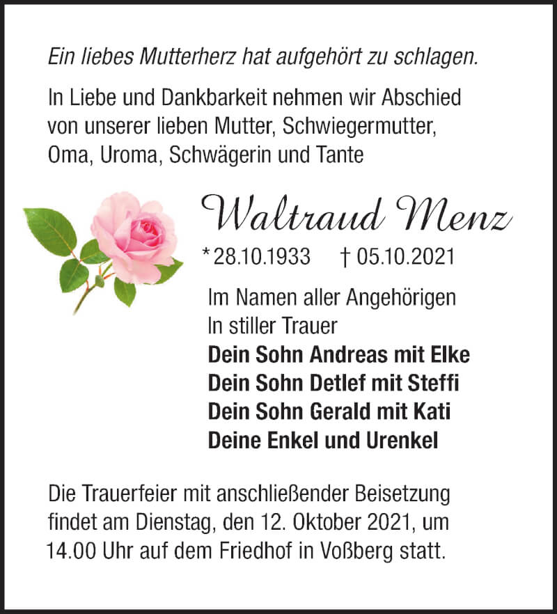  Traueranzeige für Waltraud Menz vom 09.10.2021 aus Märkische Oderzeitung