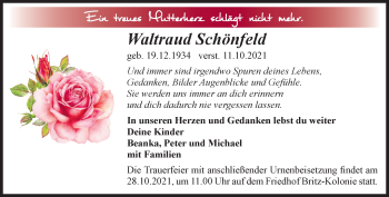 Traueranzeige von Waltraud Schönfeld von Märkische Oderzeitung