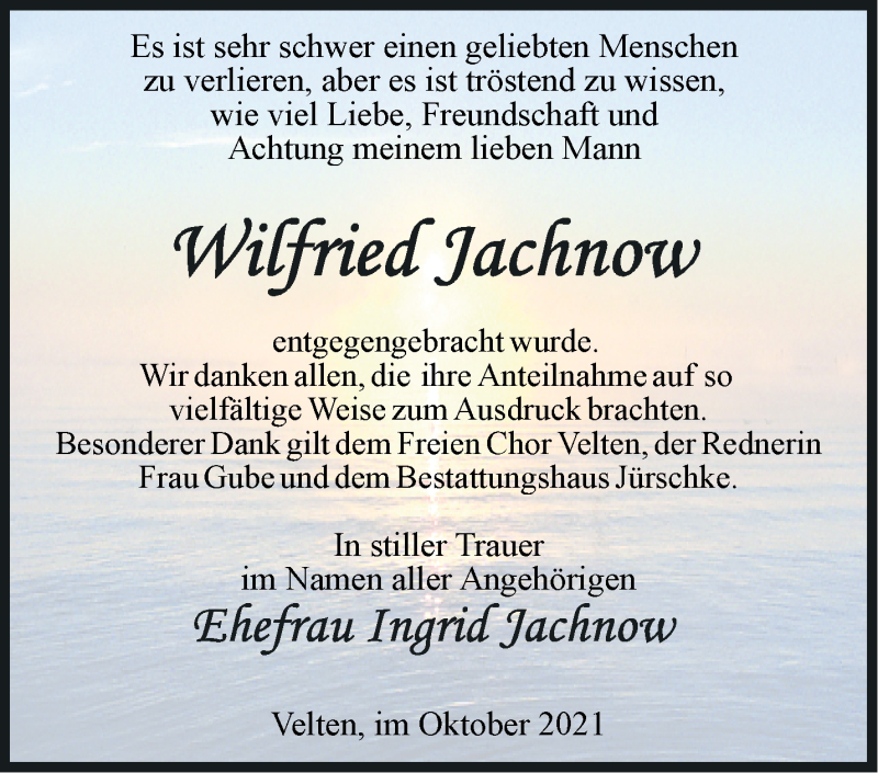  Traueranzeige für Wilfried Jachnow vom 30.10.2021 aus Märkische Oderzeitung
