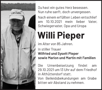 Traueranzeige von Willi Pieper von Märkische Oderzeitung