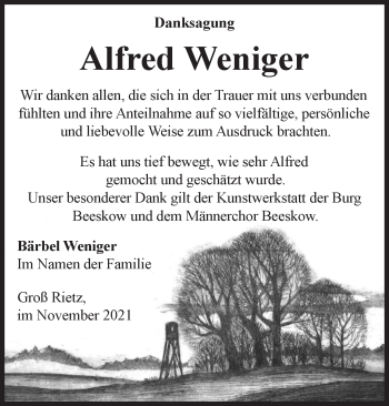 Traueranzeige von Alfred Weniger von Märkische Oderzeitung