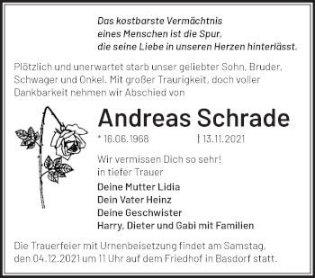 Traueranzeige von Andreas Schrade von Märkische Oderzeitung