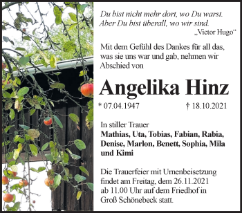 Traueranzeige von Angelika Hinz von Märkische Oderzeitung