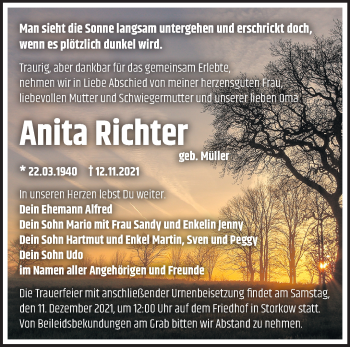 Traueranzeige von Anita Richter von Märkische Oderzeitung