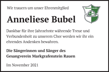 Traueranzeige von Anneliese Bubel von Märkische Oderzeitung