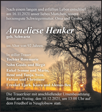 Traueranzeige von Anneliese Henker von Märkische Oderzeitung