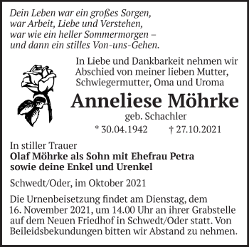 Traueranzeige von Anneliese Möhrke von Märkische Oderzeitung