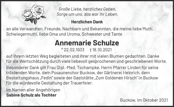 Traueranzeige von Annemarie Schulze von Märkische Oderzeitung