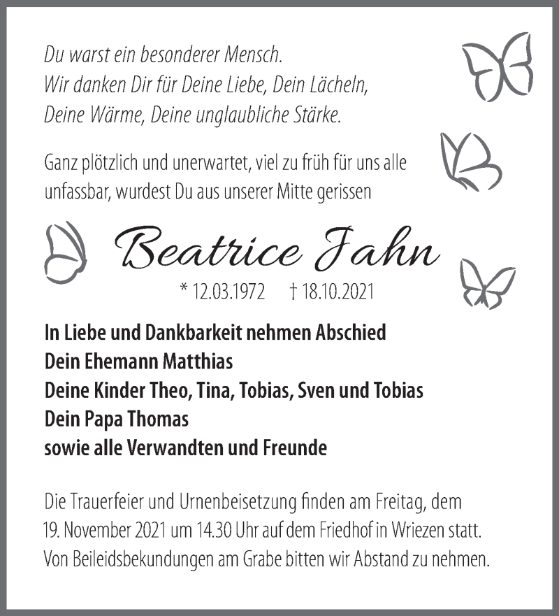  Traueranzeige für Beatrice Jahn vom 12.11.2021 aus Märkische Oderzeitung