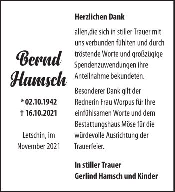 Traueranzeige von Bernd Hamsch von Märkische Oderzeitung