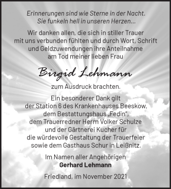 Traueranzeige von Birgid Lehmann von Märkische Oderzeitung