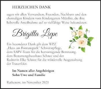 Traueranzeige von Brigitta Liepe von Märkische Oderzeitung