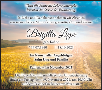 Traueranzeige von Brigitta Liepe von Märkische Oderzeitung