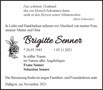 Traueranzeige von Brigitte Senner von Märkische Oderzeitung