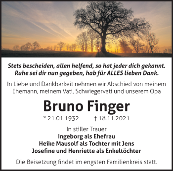 Traueranzeige von Bruno Finger von Märkische Oderzeitung