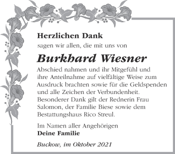 Traueranzeige von Burkhard Wiesner von Märkische Oderzeitung